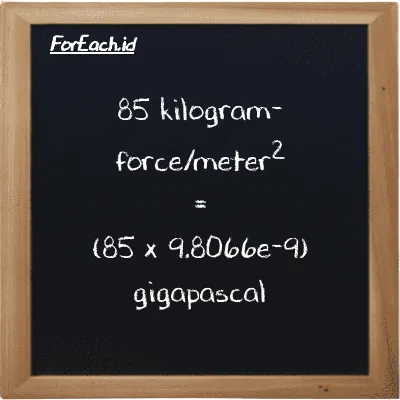 How to convert kilogram-force/meter<sup>2</sup> to gigapascal: 85 kilogram-force/meter<sup>2</sup> (kgf/m<sup>2</sup>) is equivalent to 85 times 9.8066e-9 gigapascal (GPa)